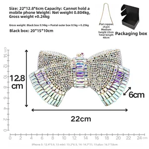 Bow knot rhinestone clutch bag dimensions 22x12.8x6cm with 48cm copper chain details