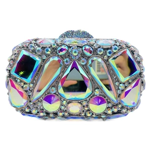 Luxury silver stone clutch bag with AB crystal rhinestones and geometric glass gems