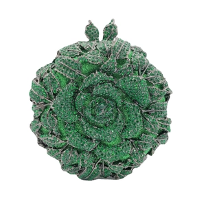 Sac de soirée en forme de rose verte avec strass brillants et fermoir en métal feuille