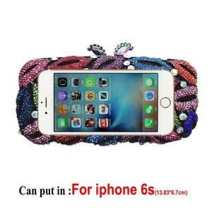 Detailed comparison showing a colorful rhinestone evening clutch next to an iPhone 6s