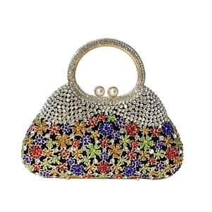 Pochette de soirée luxe en strass avec motifs floraux colorés et poignée anneau doré