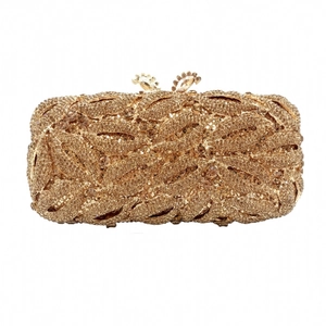 Champagne gold luxury clutch bag with leaf pattern crystal embellishment and metal frame
