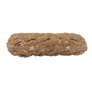 Detailed shot of champagne gold rhinestone evening clutch with crystal leaf texture