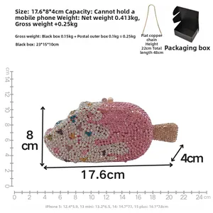 Detail view of popsicle evening bag dimensions 17.6x8x4cm with pink crystal rhinestones