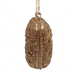 Detail of the champagne rhinestone studded evening clutch with metallic gold chain