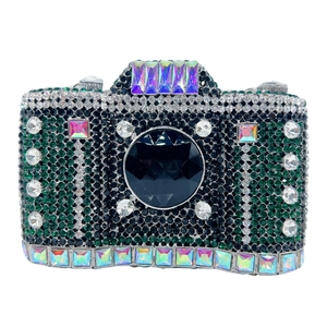 Creative camera-shaped luxury evening clutch bag with emerald green and black rhinestones