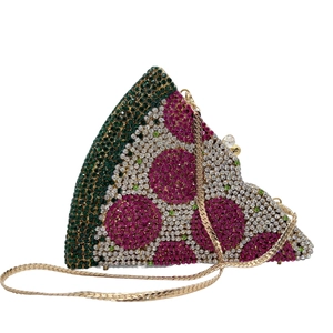 Close-up of a pizza-shaped clutch bag with colorful crystals and golden chain