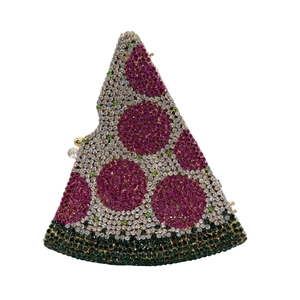 Macro shot of the pizza-shaped clutch bag with detailed crystal crust and toppings