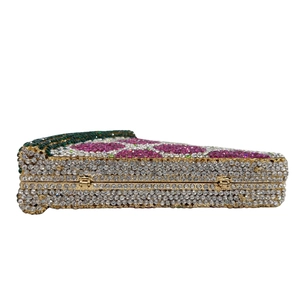 Luxury sparkling pizza slice diamond clutch bag with multicolor crystals and gold metal hardware