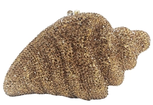 Luxury conch shell evening clutch bag with gold and amber rhinestones and metal clasp