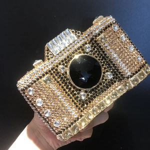 Exquisite camera shaped evening clutch bag with sparkling rhinestones and metal chain