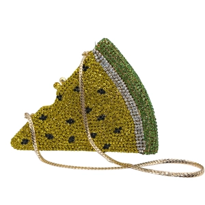 Detailed view of watermelon shaped evening clutch with colorful sparkling rhinestones