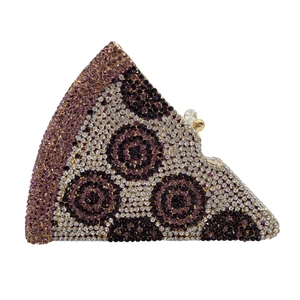 Macro detail of pizza-shaped evening clutch bag with colorful rhinestones and metal clasp