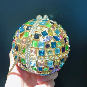 Detailed close-up of a spherical evening bag featuring vibrant multicolored rhinestones