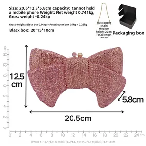 Pink rhinestone bow clutch details showing 20.5x12.5x5.8cm size and elegant copper chain