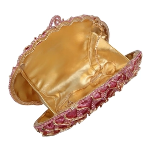Pochette de soirée chic en strass rose avec cadre doré et bandoulière en chaîne