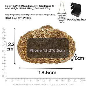 Detailed size chart for the gold crystal clutch bag with chain and box measurements