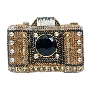 Camera Shaped Rhinestone Evening Clutch Bag Alloy Crystal Novelty Party Handbag Wedding Purse With Detachable Chain Strap