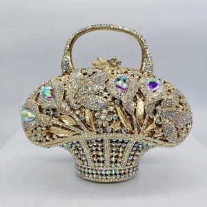 Borsa Da Sera Forma Cesto Di Fiori Metallo Svuotato Strass Cristallo Lusso Festa Matrimonio Clutch Per Donne Elegante