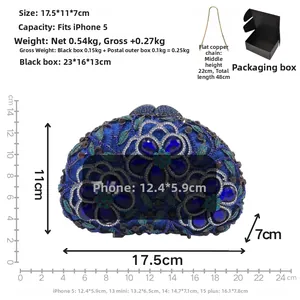 Detailed size specifications for blue floral rhinestone evening clutch bag with chain