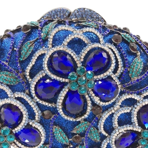 Luxury rhinestone evening clutch with blue floral design and crystal embellishments