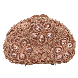 Luxurious rose gold rhinestone evening clutch bag with sparkling pink floral gem patterns