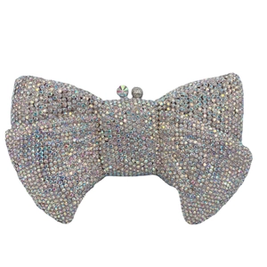 Elegant bow-shaped evening clutch bag with rainbow rhinestones and silver sphere clasp