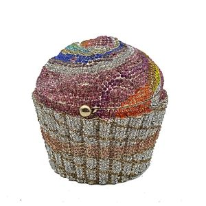 Luxury cupcake clutch bag featuring colorful sparkling rhinestones and gold metal hardware