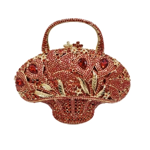 Elegante borsa clutch rossa con cristalli, motivi floreali dorati e manico a cesto in metallo