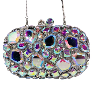 Luxury Rhinestone Evening Clutch Bag Iridescent Crystal Metal Frame Chain Shoulder Purse For Wedding Party Banquet