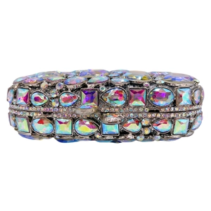 Hollow out glass crystal evening clutch bag with iridescent rhinestones and chain strap