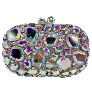 Elegant hollow clutch bag with iridescent glass diamonds and silver metal frame