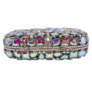 Elegant hollow clutch bag with iridescent AB rhinestones and metal chain strap
