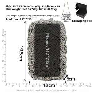 Detailed view of crystal clutch bag dimensions 13x19.5x6cm with gold chain and phone fit