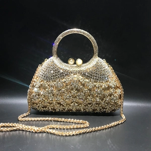 Rhinestone Evening Clutch Bag Hollow Floral Metal Handbag Round Handle Artificial Pearl Clasp Party Wedding Handbag For Women