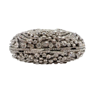 Elegant silver crystal clutch bag with a metallic frame for evening events and parties