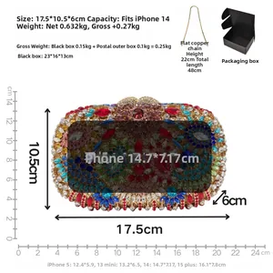 Size chart for rhinestone clutch bag showing dimensions 17.5x10.5x6cm and phone capacity