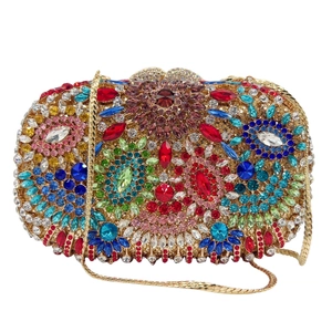 Luxury Rhinestone Evening Clutch Bag Colorful Floral Pattern Metal Alloy Stone Hard Shell Wedding Party Purse