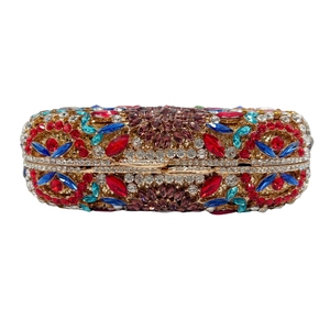 Luxurious rectangular clutch bag with multicolor crystals and gold metal frame