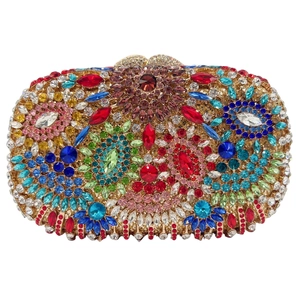 Exquisite stone clutch bag with colorful floral rhinestones and gold metal frame