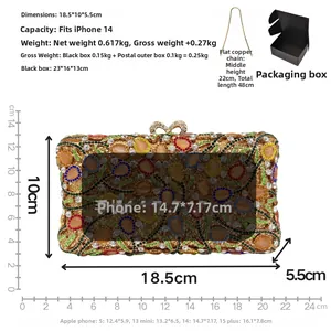 Size chart showing 18.5x10x5.5cm evening bag dimensions and mobile phone compatibility