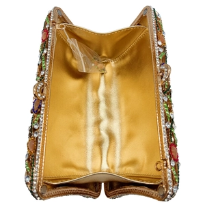 Luxurious gold evening clutch bag with multicolored rhinestones and satin interior