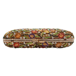Luxury floral evening clutch bag with colorful rhinestones and opal stones on metal frame