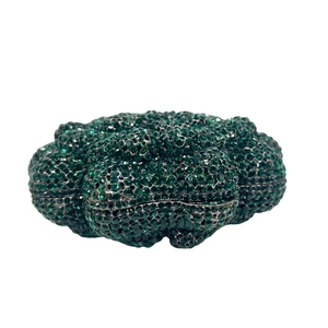 Elegant cloud-shaped evening clutch bag encrusted with dark green rhinestones