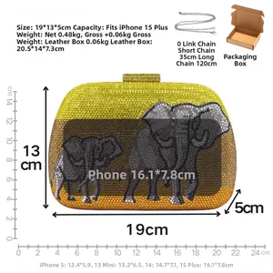 Detailed view of yellow evening clutch with grey elephant pattern and 19x13x5cm dimensions