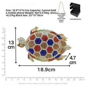Detailed dimension guide of tortoise rhinestone clutch bag with size comparison to phone