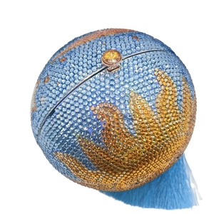 Spherical moon rhinestone clutch bag with luxury crystal patterns and blue silk tassels