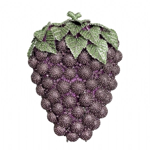 Detailed view of luxury grape-shaped clutch featuring purple and green crystal rhinestones