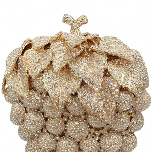 Luxury grape-shaped crystal evening clutch bag with gold metal and sparkling rhinestones