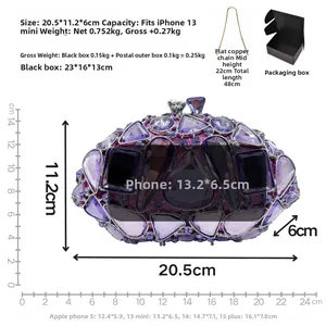 Detailed dimensions of purple gemstone clutch bag with metal chain and gift box